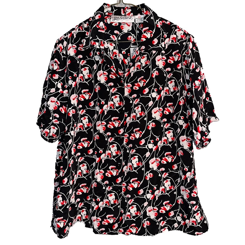 NWT Vintage Yves St. Clair Floral Blouse 16W Black Red and Black Button Front